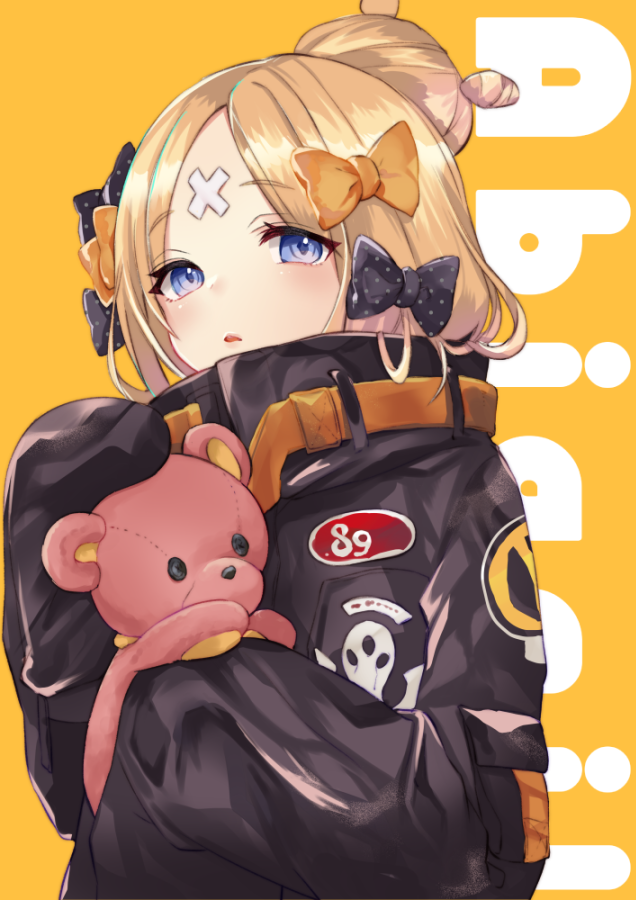 abigail_williams_(fate/grand_order) bangs black_bow black_jacket blonde_hair blue_eyes bow character_name commentary_request crossed_bandaids eyebrows_visible_through_hair fate/grand_order fate_(series) hair_bow hair_bun hand_up heroic_spirit_traveling_outfit holding holding_stuffed_animal jacket long_hair long_sleeves looking_at_viewer nekomiya_noru_(yuduki710) orange_background orange_bow parted_bangs parted_lips polka_dot polka_dot_bow sleeves_past_fingers sleeves_past_wrists solo stuffed_animal stuffed_toy teddy_bear