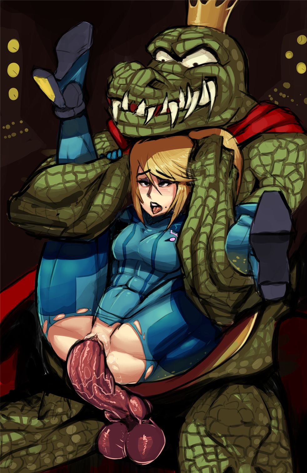 anthro beauty_mark bodysuit boxerman boxman clothing crown donkey_kong_(series) female female_on_anthro forced full_nelson human human_on_anthro interspecies king_k_rool male male/female mammal metroid nintendo penetration rape samus_aran skinsuit super_smash_bros tight_clothing vaginal vaginal_penetration video_games