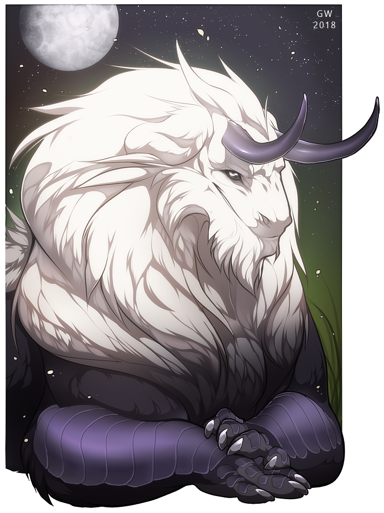 2018 curved_horn detailed_background grypwolf hair horn kukuri looking_at_viewer moon night outside sky smile smooth_horn solo star starry_sky white_eyes white_hair