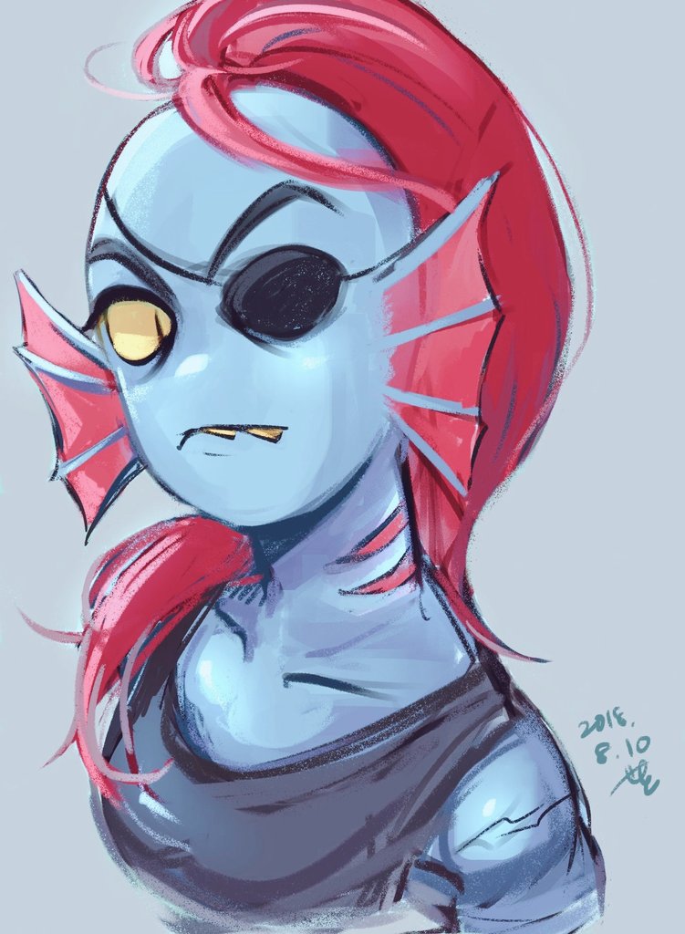 anthro close-up clothed clothing eye_patch eyewear female fish gills grey_background hair long_hair marine ponytail portrait red_hair sharp_teeth simple_background sketch solo teeth undertale undyne video_games yellow_eyes