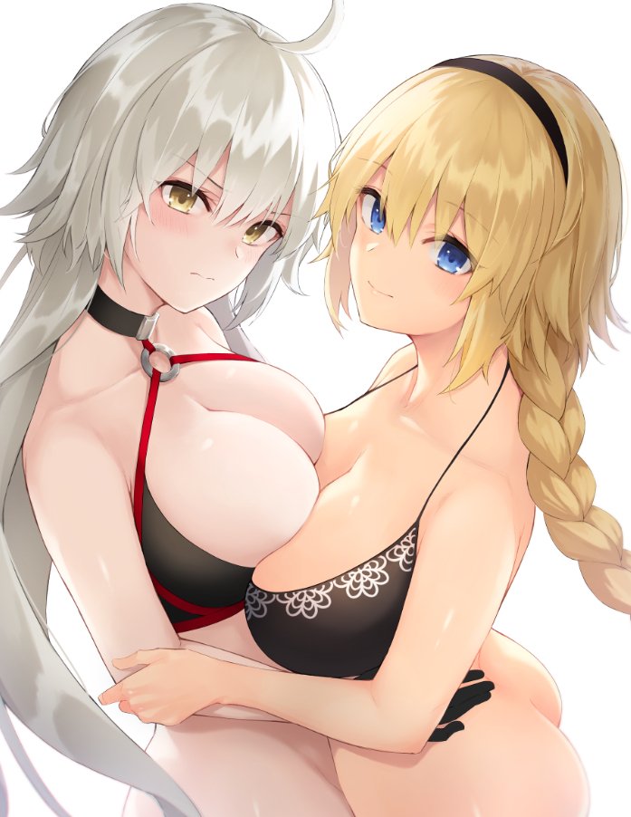 anza_tomo ass bangs bare_shoulders bikini black_bikini black_choker black_gloves blonde_hair blue_eyes blush breasts choker cleavage closed_mouth collarbone fate/grand_order fate_(series) gloves hair_between_eyes hairband hips jeanne_d'arc_(alter_swimsuit_berserker) jeanne_d'arc_(fate)_(all) jeanne_d'arc_(swimsuit_archer) jeanne_d'arc_(alter)_(fate) jeanne_d'arc_(alter_swimsuit_berserker) jeanne_d'arc_(fate) jeanne_d'arc_(fate)_(all) jeanne_d'arc_(swimsuit_archer) large_breasts long_braid long_hair looking_at_viewer o-ring o-ring_bikini o-ring_top silver_hair simple_background smile swimsuit very_long_hair white_background yellow_eyes