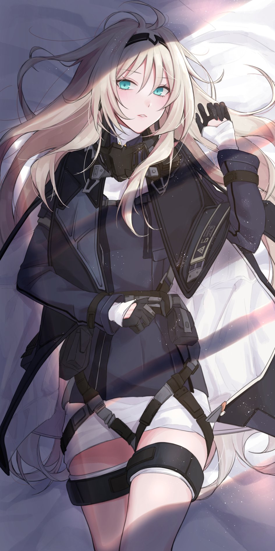 1girl an-94_(girls_frontline) bangs blonde_hair blue_eyes blush breasts cloak eyebrows_visible_through_hair girls_frontline gloves hairband highres jacket knee_up light_particles long_hair long_sleeves looking_at_viewer lying multiple_straps on_back parted_lips qb_516 sidelocks silver_hair snap-fit_buckle thigh_strap very_long_hair