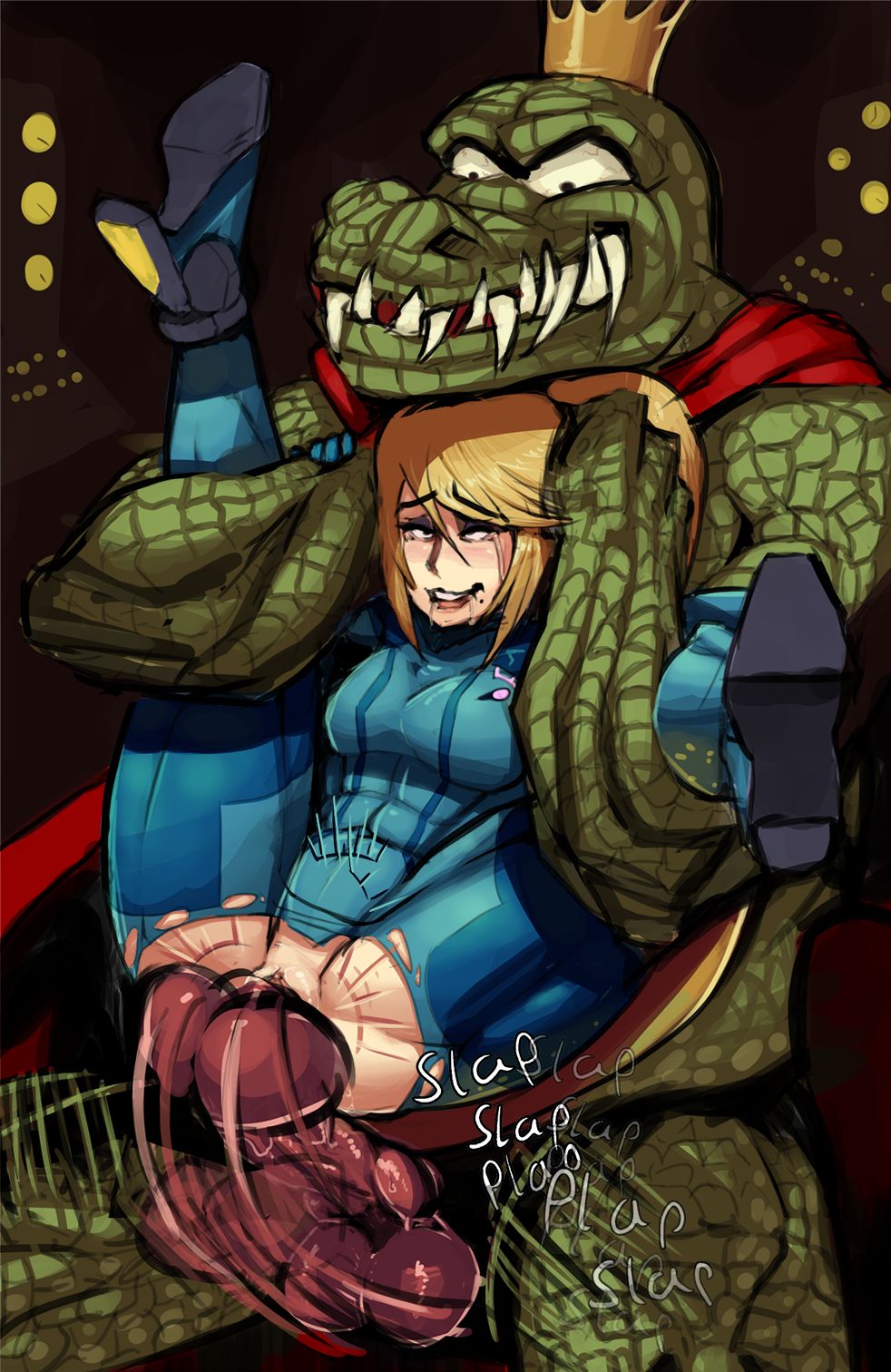 anthro beauty_mark bodysuit boxerman boxman clothing crown donkey_kong_(series) female female_on_anthro forced full_nelson human human_on_anthro interspecies king_k_rool male male/female male_penetrating mammal metroid mind_break nintendo penetration rape samus_aran skinsuit sound_effects super_smash_bros tight_clothing vaginal vaginal_penetration video_games