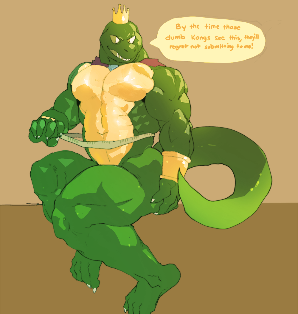 2018 anthro cape clothing crocodilian crown digital_media_(artwork) donkey_kong_(series) english_text fluffedwings king_k_rool kremling male mostly_nude muscular muscular_male nintendo pecs reptile scalie simple_background smile solo speech_bubble teeth text video_games