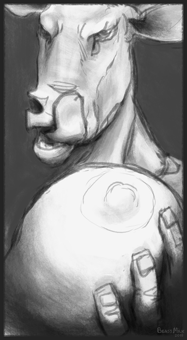 anthro beastmilk bovine breasts female greyscale licking licking_lips looking_at_viewer mammal monochrome solo tongue tongue_out