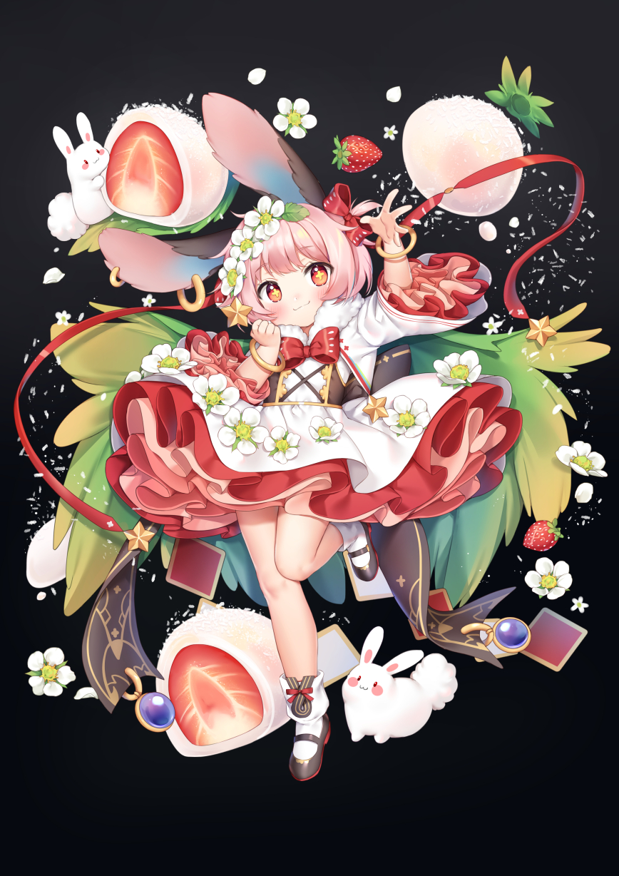 1girl :3 animal animal_ears arm_up bangle bangs black_background black_footwear blush bow bowtie bracelet bunny bunny_ears closed_mouth cropped_jacket dress eyebrows_visible_through_hair flower food food_fantasy frilled_dress frills full_body hair_bow hair_flower hair_ornament hand_up highres jacket jewelry leg_up long_sleeves looking_at_viewer mamemena mary_janes open_clothes open_jacket pink_hair red_bow red_eyes red_neckwear shoes short_hair smile socks solo standing standing_on_one_leg star star_hair_ornament symbol-shaped_pupils white_dress white_flower white_jacket white_legwear wide_sleeves wings