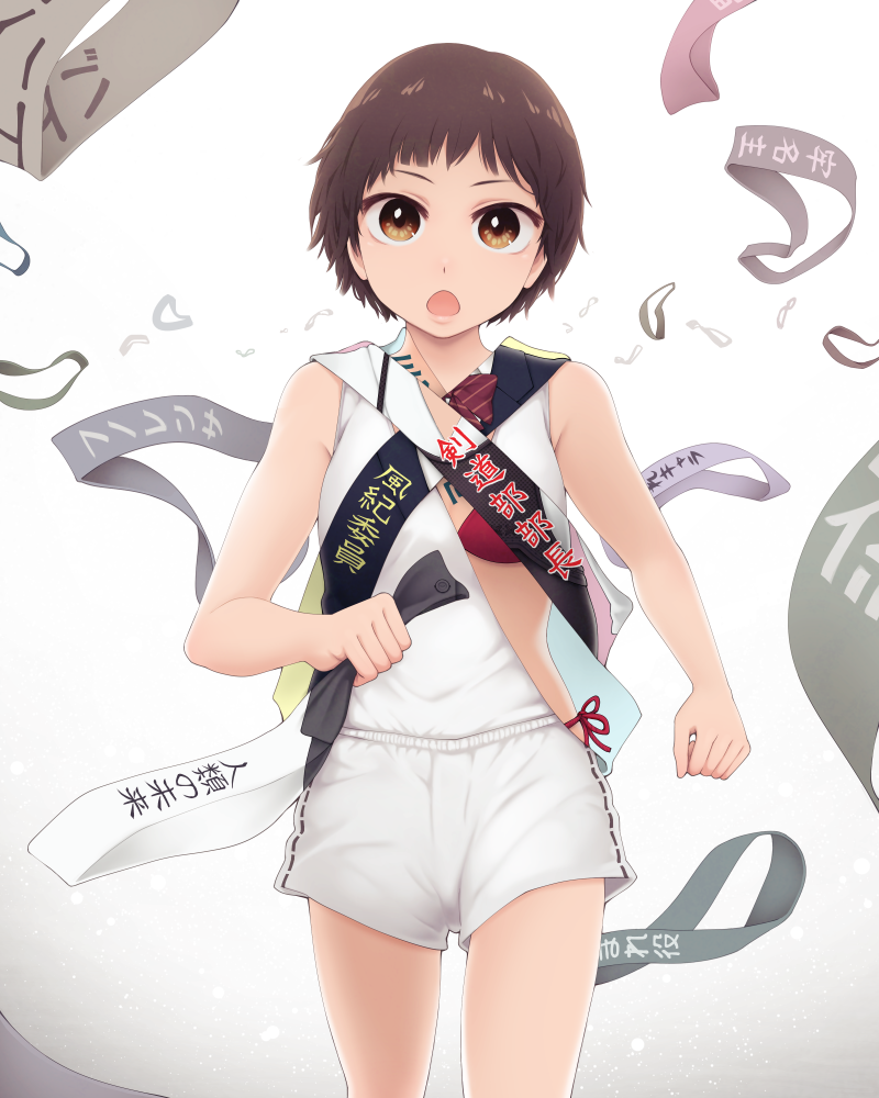 1girl brown_eyes brown_hair clenched_hands commentary_request holding looking_at_viewer open_mouth original running shirt short_hair shorts sleeveless sleeveless_shirt solo tasuki translation_request white_background white_shirt white_shorts yajirushi_(chanoma)