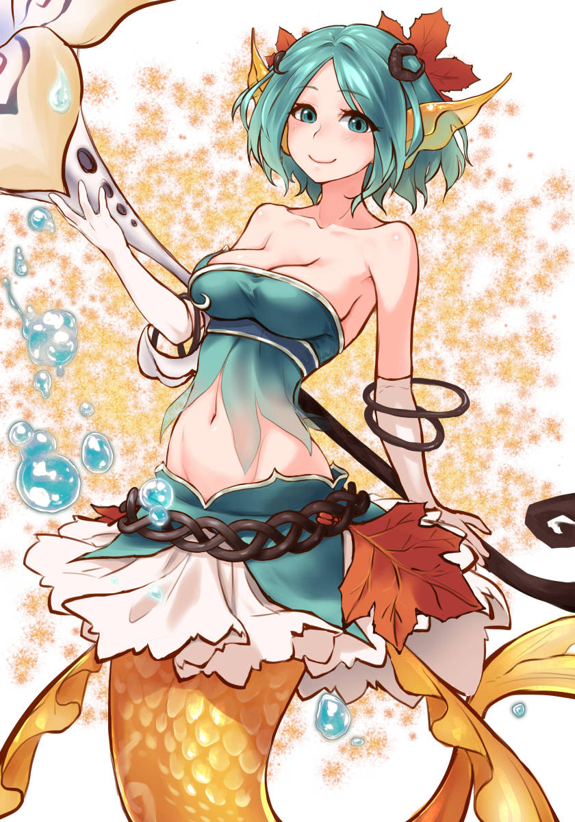 aqua_eyes aqua_hair autumn_leaves bangle belt bracelet breasts cleavage elbow_gloves gloves groin head_fins hestia_(sdorica_-sunset-) highres jewelry leaf looking_at_viewer medium_breasts mermaid midriff monster_girl navel pote0508 sdorica_-sunset- short_hair simple_background smile staff white_gloves