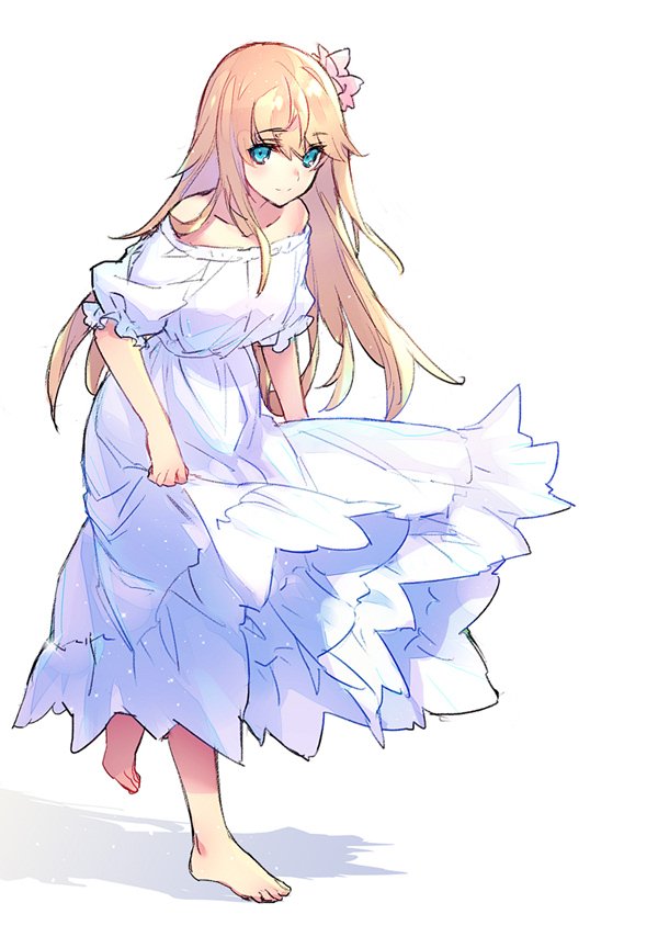 androgynous blonde_hair blue_eyes blush chevalier_d'eon_(fate/grand_order) dress fate/grand_order fate_(series) flower long_hair looking_at_viewer simple_background smile solo wanko_(takohati8) white_dress