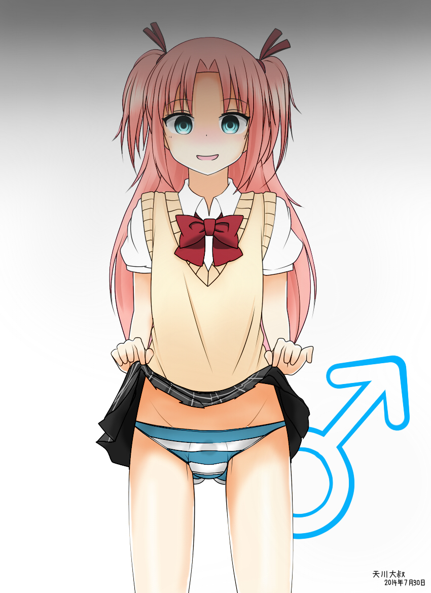 10s 1boy 2014 amagawa_daiso arikawa_hime blue_eyes blush bulge dated eyebrows_visible_through_hair gradient gradient_background himegoto long_hair looking_at_viewer mars_symbol panties pink_hair school_uniform simple_background skirt skirt_lift smile solo standing trap twintails underwear