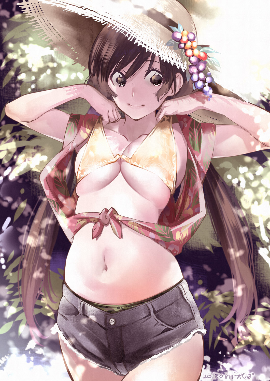 arms_up artist_name bikini_lift breasts brown_eyes brown_hair camouflage camouflage_panties closed_mouth commentary cutoffs dated day denim denim_shorts eyebrows_visible_through_hair hat highres lifted_by_self long_hair long_sleeves looking_at_viewer medium_breasts navel original outdoors panties panty_peek short_shorts shorts signature smile solo standing stomach straw_hat twintails ugeppa underwear very_long_hair yellow_bikini_top
