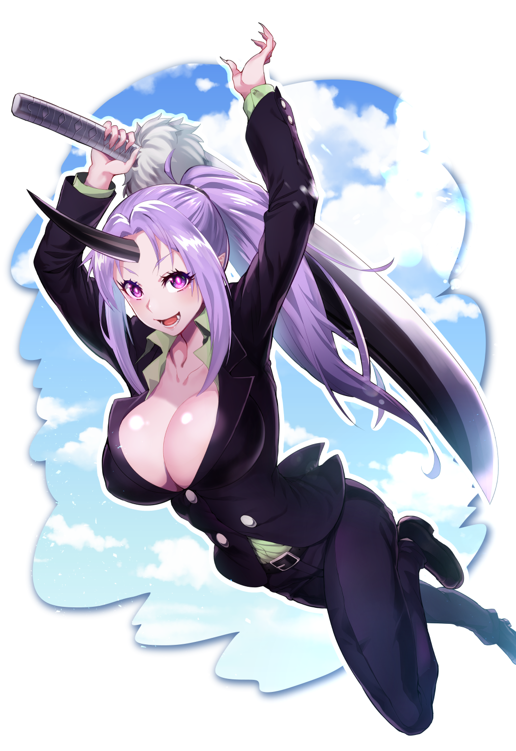 1girl :d ahoge arms_up belt belt_buckle black_footwear black_jacket black_pants blue_sky blush breasts bright_pupils buckle cleavage cloud collarbone commentary_request dutch_angle fangs fingernails formal highres holding holding_sword holding_weapon horn jacket large_breasts leg_up long_fingernails long_hair long_sleeves no_bra open_mouth outside_border pants purple_eyes purple_hair sharp_fingernails shiny shiny_hair shion_(tensei_shitara_slime_datta_ken) shoes sidelocks sky smile solo standing standing_on_one_leg suit sword teeth tensei_shitara_slime_datta_ken tomoyohi v-shaped_eyebrows very_long_hair weapon