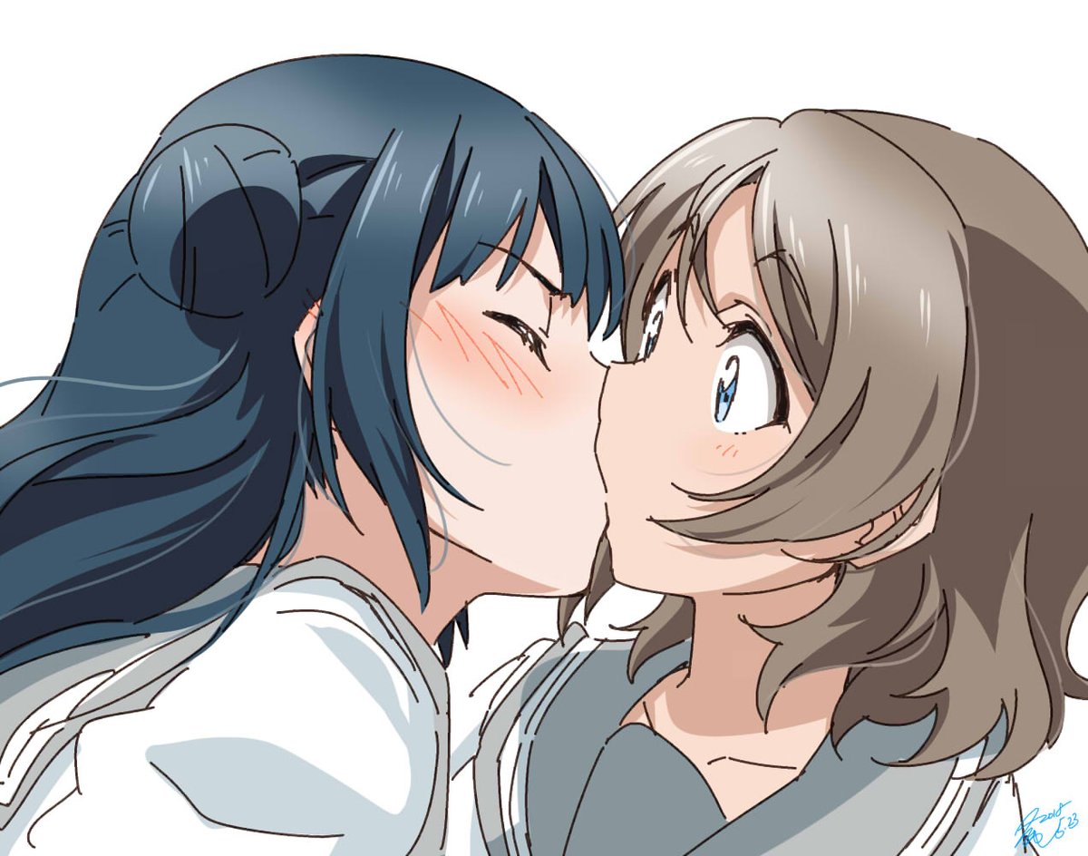 bangs blue_eyes blue_hair blush closed_eyes eyebrows_visible_through_hair grey_hair kiss long_hair love_live! love_live!_sunshine!! multiple_girls school_uniform serafuku short_hair side_bun signature surprised takeya_yuuki tsushima_yoshiko upper_body uranohoshi_school_uniform watanabe_you wide-eyed yuri