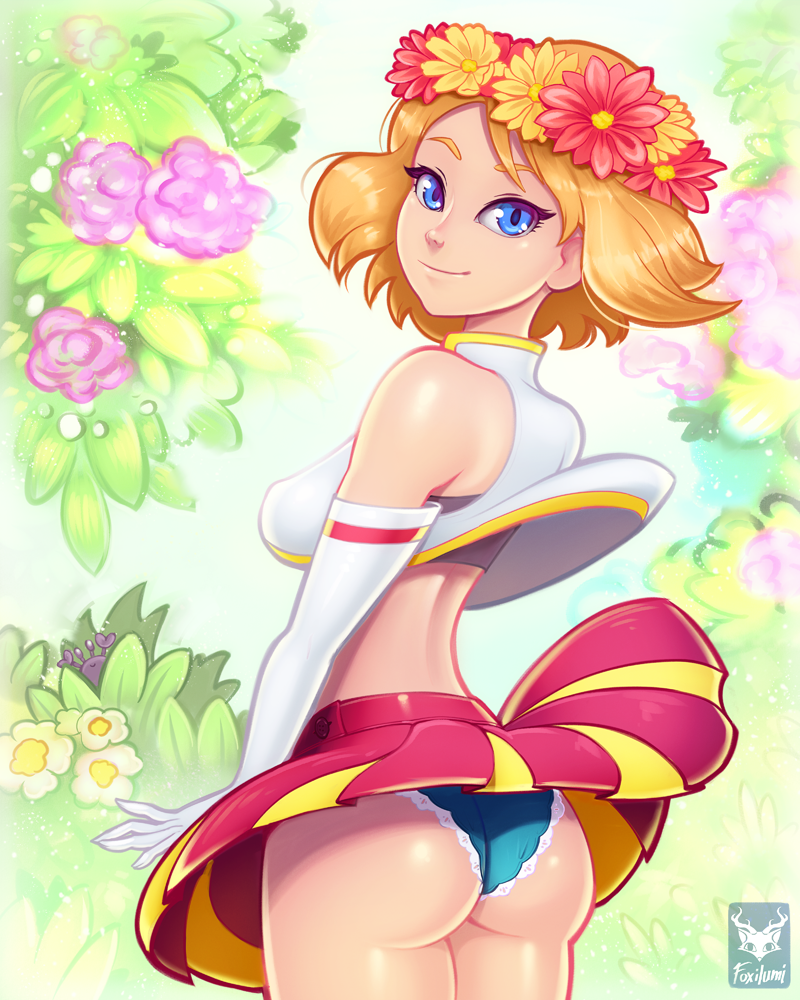 1girl blue_eyes creatures_(company) flower flowers_in_hair foxilumi game_freak looking_at_viewer looking_back nintendo panties pokemon pokemon_(game) pokemon_xy pulling_down revealing_clothes serena_(pokemon) short_hair skirt solo underwear