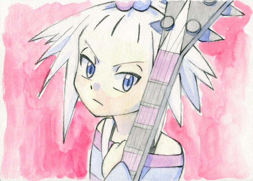 bangs_pinned_back bass_guitar blue_eyes breasts closed_mouth colored_stripes downscaled from_side gym_leader hair_bobbles hair_ornament holding holding_instrument homika_(pokemon) horizontal_stripes instrument long_sleeves looking_at_viewer md5_mismatch off_shoulder oka_mochi pink_background pokemon pokemon_(game) pokemon_bw2 resized scowl short_hair sideways_glance simple_background small_breasts solo striped traditional_media upper_body v-shaped_eyebrows white_hair