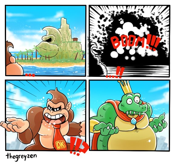 ! ... ? anthro ape cape claws clothing comic crocodilian crown donkey_kong_(character) donkey_kong_(series) english_text fangs fur gorilla headgear island king king_k_rool kremling male mammal musclegut necktie nintendo open_mouth outside pecs primate reptile royalty scalie sea sharp_claws sharp_teeth teeth text thegreyzen tongue video_games water