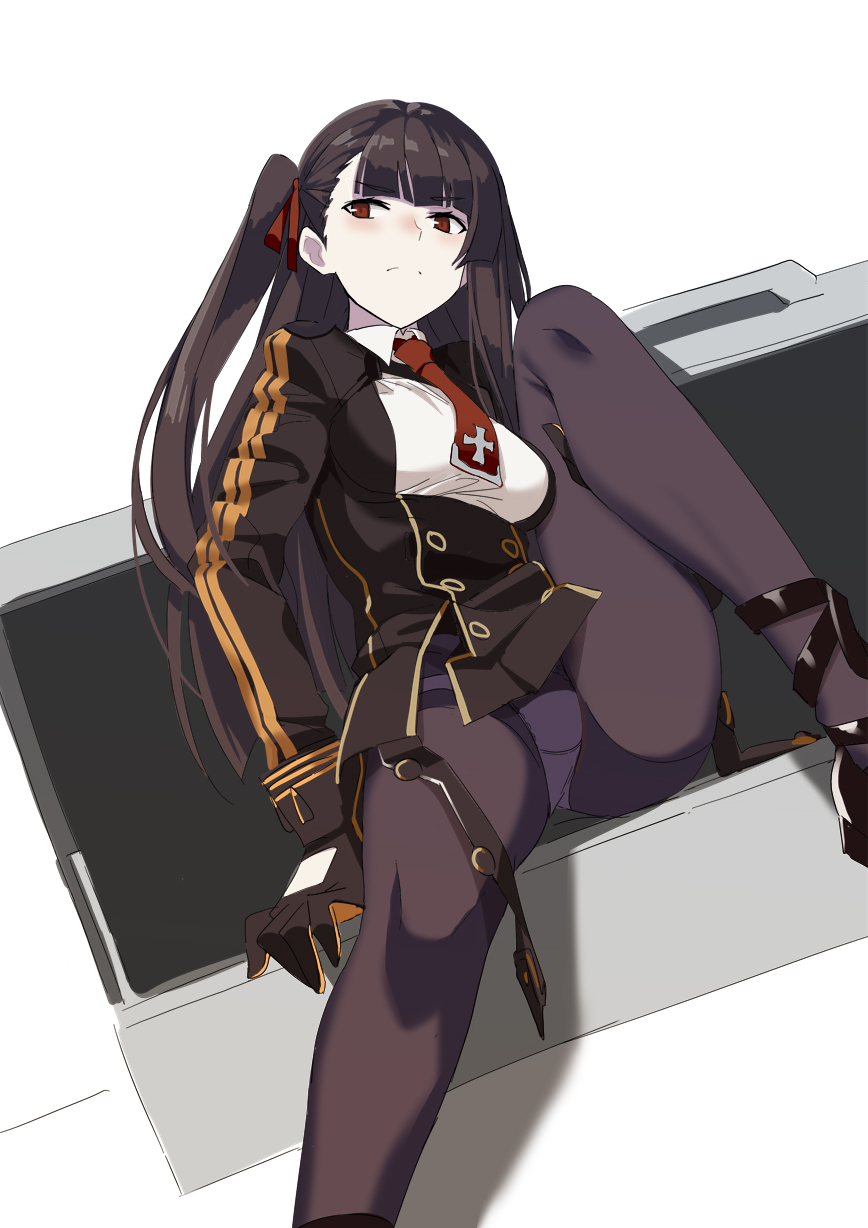 arm_support bangs black_legwear black_skirt blazer blush breasts buckle closed_mouth collared_shirt eyebrows_visible_through_hair framed_breasts girls_frontline gloves hair_ribbon half_updo high-waist_skirt highres jacket knee_up large_breasts long_hair long_sleeves looking_at_viewer necktie ningen_(ningen96) one_side_up panties panties_under_pantyhose pantyhose pelvic_curtain purple_hair red_eyes red_neckwear red_ribbon ribbon shirt shoes sidelocks simple_background sitting skirt solo strap thighband_pantyhose tsurime underwear very_long_hair wa2000_(girls_frontline) white_background white_panties white_shirt