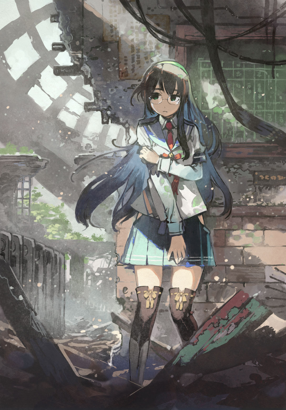 black_hair blue_sailor_collar blue_skirt boots chalkboard collared_shirt commentary_request expressionless flower glasses green_eyes hairband highres hip_vent kantai_collection konno_takashi lace lace-trimmed_thighhighs long_hair necktie ooyodo_(kantai_collection) puffy_sleeves red_neckwear ruins sailor_collar school_uniform serafuku shirt skirt thigh_boots thighhighs