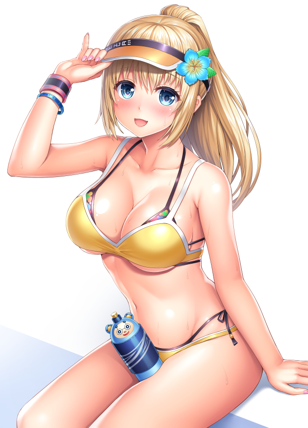:d adjusting_clothes arm_support bangs beach_evelysse beads between_legs bikini blonde_hair blue_eyes blue_flower blush bottle bracelet breasts cleavage collarbone commentary coro_(star_ocean) cowboy_shot evelysse_(star_ocean) eyebrows_visible_through_hair fingernails flower from_side groin hair_between_eyes hair_flower hair_ornament halter_top halterneck hand_on_headwear hand_up hat_tip high_ponytail hips jewelry lambda_(kusowarota) large_breasts layered_bikini leaf legs_together long_fingernails long_hair looking_at_viewer multi-strapped_bikini nail_polish navel open_mouth pink_nails pinky_out ponytail print_bikini shiny shiny_skin side-tie_bikini sideboob sidelocks simple_background sitting smile solo star_ocean star_ocean_anamnesis straight_hair string_bikini sweat swimsuit taut_clothes thighs underboob visor_cap white_background wristband yellow_bikini