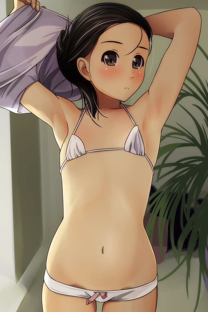 1girl armpits arms_up bare_shoulders black_hair blush bow bow_panties bra brown_eyes collarbone commentary_request cowboy_shot fingernails folded_ponytail forehead hair_strand highres indoors looking_at_viewer matsunaga_kouyou navel nose_blush original panties parted_lips shirt solo standing underwear undressing white_bra white_panties white_shirt