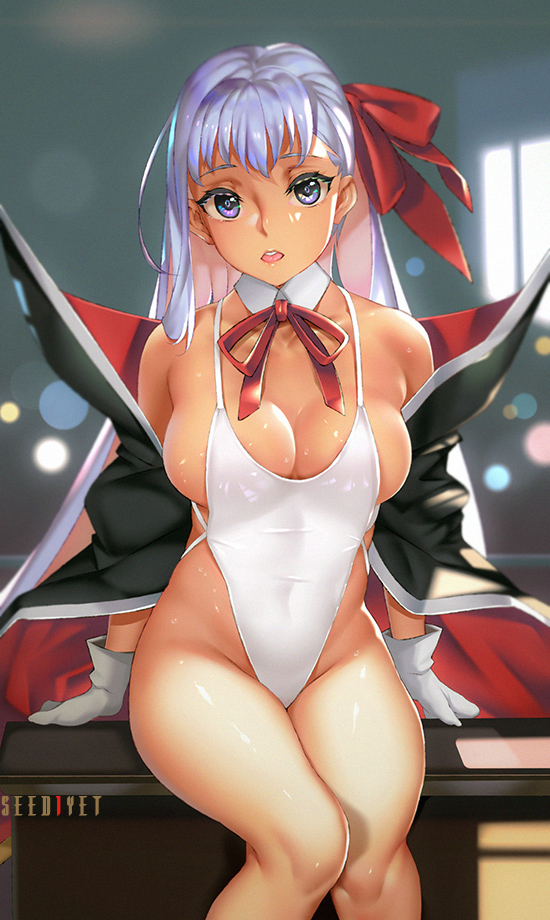 areola_slip areolae arm_support banned_artist bare_shoulders bb_(fate)_(all) bb_(swimsuit_mooncancer)_(fate) breasts cape commentary_request desk fate/grand_order fate_(series) gloves hair_ribbon highleg highleg_swimsuit large_breasts long_hair looking_at_viewer neck_ribbon on_desk one-piece_swimsuit open_mouth pink_lips purple_eyes purple_hair red_ribbon ribbon shiny shiny_skin sideboob sitting solo swimsuit thighs very_long_hair viola_(seed) white_gloves white_swimsuit