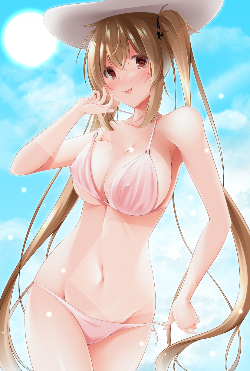 beach bikini blush breasts cleavage collarbone covered_nipples day eyebrows_visible_through_hair hair_tie hat highres kantai_collection large_breasts light_brown_hair long_hair looking_at_viewer murasame_(kantai_collection) narukami_ginryuu navel outdoors pink_bikini red_eyes side-tie_bikini smile solo strap_gap strap_pull sun sun_hat swimsuit thighs tongue tongue_out twintails twisted_torso upper_body very_long_hair white_hat
