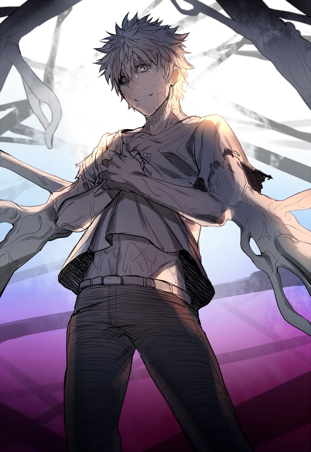 adonis_belt belt black_sclera cancer_cell_(hataraku_saibou) hands_on_own_chest hataraku_saibou highres looking_at_viewer male_focus pants shirt smile solo spiked_hair t-shirt tears torn_clothes torn_sleeves tsunami_(sorudora)