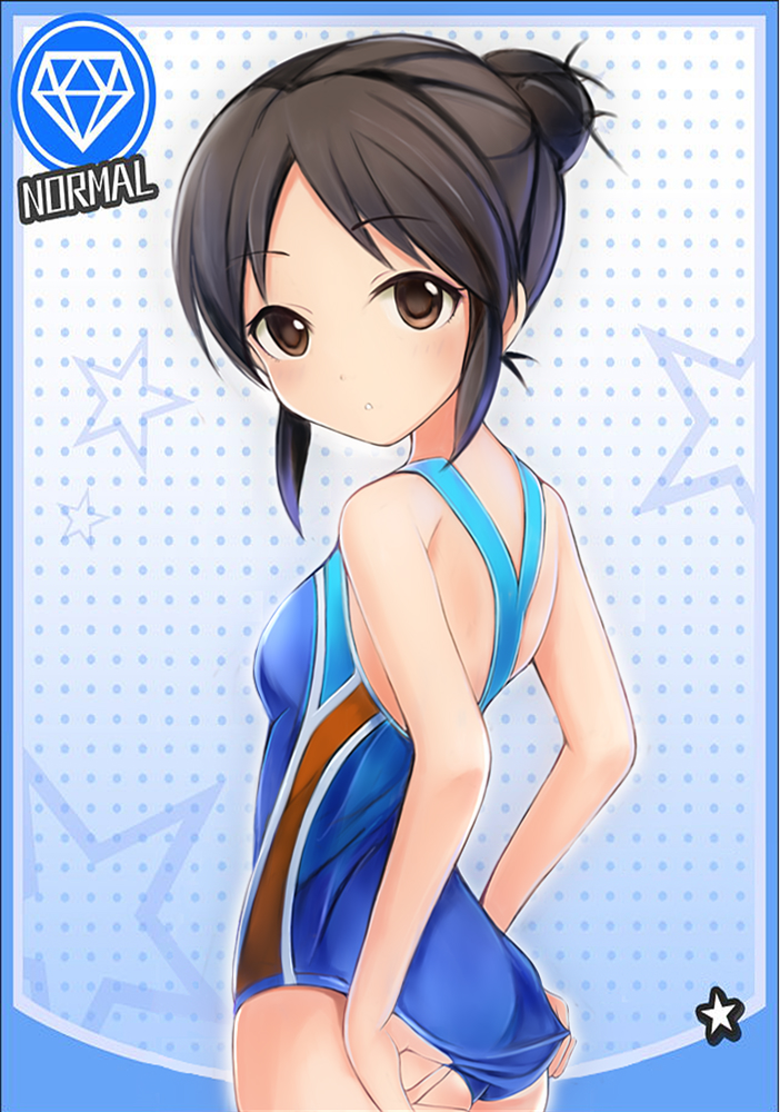 :o adjusting_clothes adjusting_swimsuit ass bangs bare_arms bare_shoulders blue_swimsuit blush breasts brown_eyes brown_hair card_(medium) card_parody cinderella_girls_card_parody commentary_request competition_swimsuit diamond_(symbol) eyebrows_visible_through_hair forehead hair_bun idolmaster idolmaster_cinderella_girls looking_at_viewer looking_to_the_side nannacy7 one-piece_swimsuit parted_bangs parted_lips polka_dot polka_dot_background small_breasts solo star swimsuit tachibana_arisu