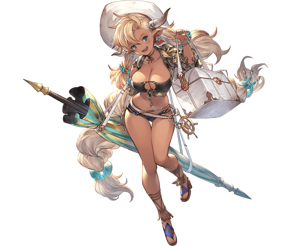 almeida_(granblue_fantasy) alpha_transparency ass_visible_through_thighs bangs beach_umbrella bikini black_bikini blonde_hair blush bracelet breasts choker cleavage collarbone cooler dark_skin dolphin_earrings draph earrings full_body granblue_fantasy hair_between_eyes hat horns jacket jewelry large_breasts long_hair looking_at_viewer minaba_hideo official_art open_clothes open_jacket pointy_ears red_ribbon ribbon ribbon_choker sandals smile solo swimsuit thigh_gap transparent_background umbrella very_long_hair white_hat