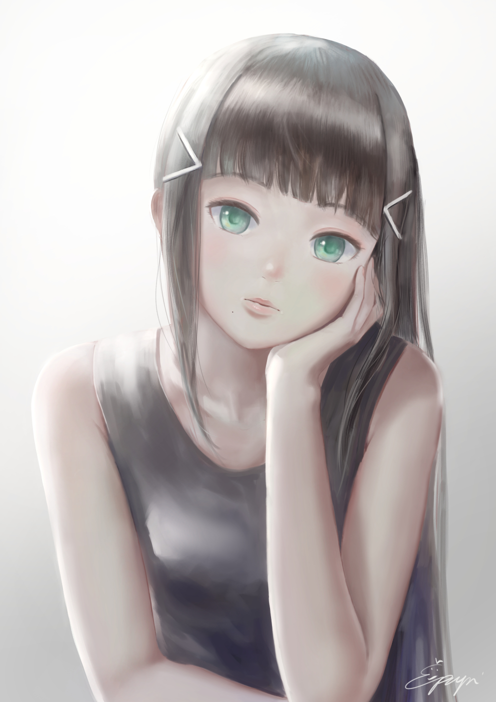 arm_support bangs black_tank_top brown_hair closed_mouth commentary gradient gradient_background green_eyes grey_background hair_ornament hairclip head_in_hand head_tilt highres kurosawa_dia long_hair looking_at_viewer love_live! love_live!_sunshine!! mole mole_under_eye papi_(papiron100) sidelocks signature solo tank_top very_long_hair