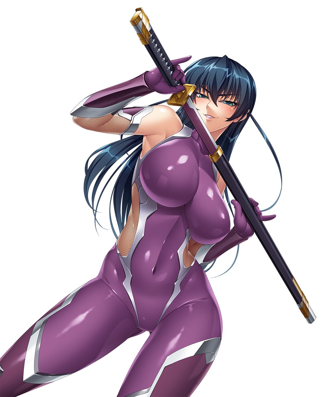 aqua_eyes bangs bare_shoulders blue_hair bodysuit breasts covered_collarbone covered_navel elbow_gloves eyebrows_visible_through_hair fishnets gloves highres holding holding_sword holding_weapon igawa_asagi impossible_bodysuit impossible_clothes kagami_hirotaka katana large_breasts lipstick long_hair makeup official_art parted_lips sheath shiny shiny_clothes shiny_hair shiny_skin simple_background skin_tight sleeveless smile solo sword taimanin_(series) taimanin_asagi thighhighs weapon white_background