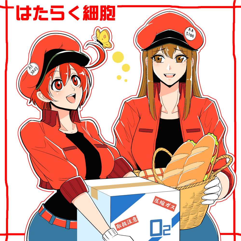 2girls aa-5100 ae-3803 ahoge baguette basket belt border box bread breasts brown_eyes brown_hair bug butterfly butterfly_on_hair cabbie_hat carrying collarbone copyright_name cowboy_shot denim denim_shorts eyebrows_visible_through_hair food gloves hair_between_eyes hat hataraku_saibou insect jacket long_hair looking_at_another medium_breasts multiple_girls name_tag open_mouth red_blood_cell_(hataraku_saibou) red_eyes red_hair red_hat shirt short_hair short_sleeves shorts simple_background smile standing straight_hair warugaki_(sk-ii) white_background white_gloves