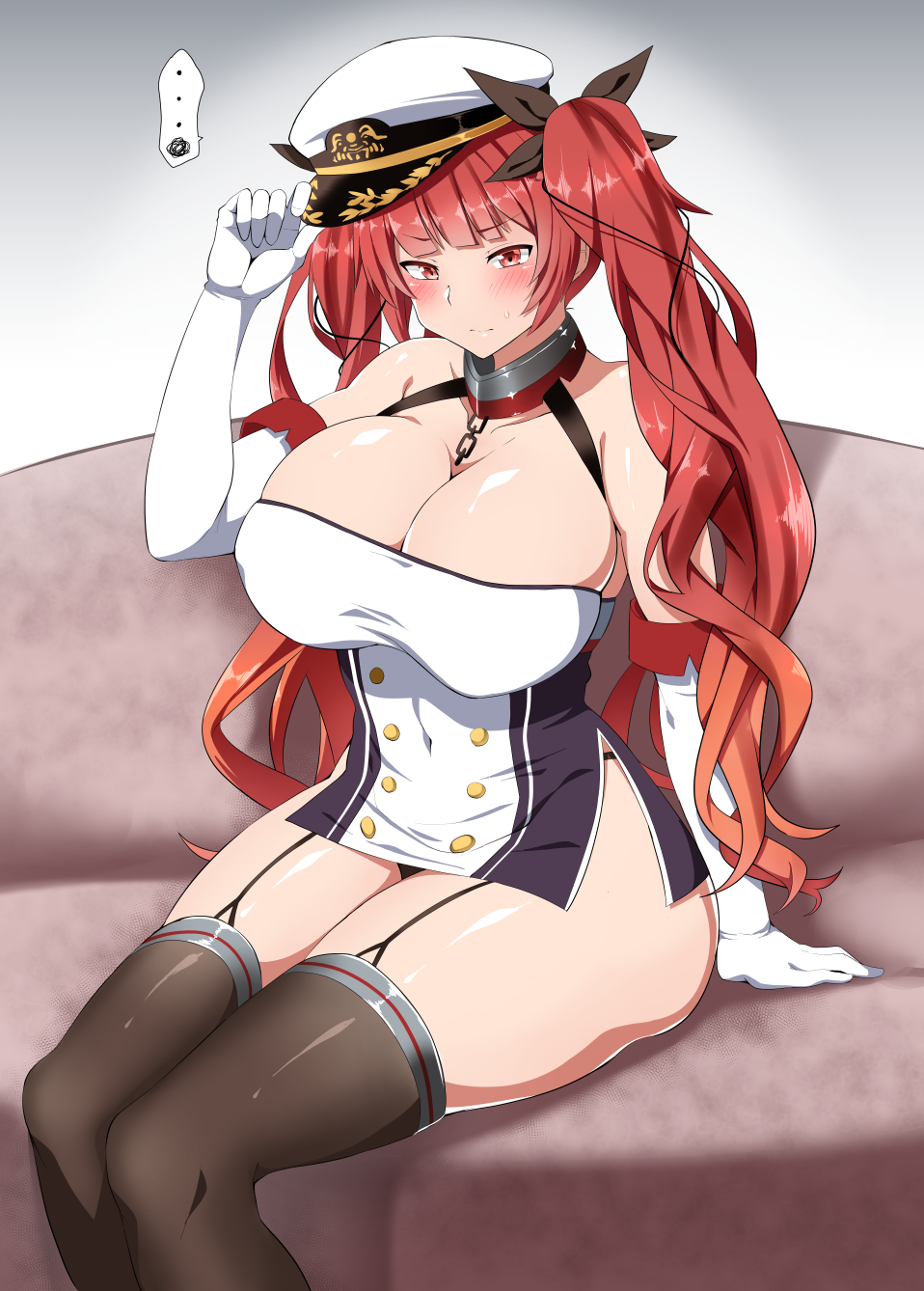 1girl azur_lane bangs bare_shoulders black_legwear black_ribbon blush breasts chain cleavage collarbone commentary_request curvy elbow_gloves eyebrows_visible_through_hair garter_straps gloves hair_ribbon hand_to_hat hat highres honolulu_(azur_lane) huge_breasts long_hair looking_at_viewer peaked_cap red_eyes red_hair ribbon shinori shiny shiny_skin sitting solo sweat thighhighs twintails white_gloves