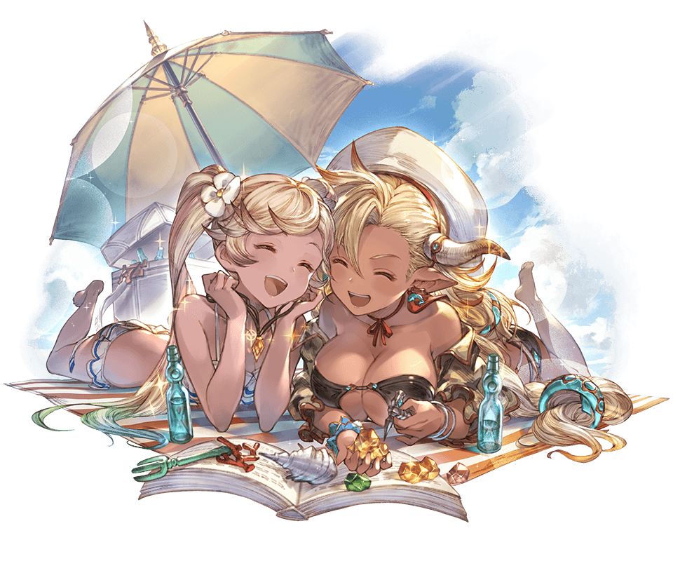 almeida_(granblue_fantasy) alpha_transparency bangs barefoot beach_umbrella bikini black_bikini blonde_hair blush book bottle bracelet breasts choker cleavage cloud collarbone cooler crystal dark_skin day dolphin_earrings draph earrings flower full_body gradient_hair granblue_fantasy hair_between_eyes hair_flower hair_ornament hat horns io_euclase jewelry large_breasts long_hair lying minaba_hideo multicolored_hair multiple_girls necklace official_art on_stomach open_mouth outdoors pointy_ears red_ribbon ribbon ribbon_choker seashell shell sky smile swimsuit transparent_background twintails umbrella very_long_hair white_hat