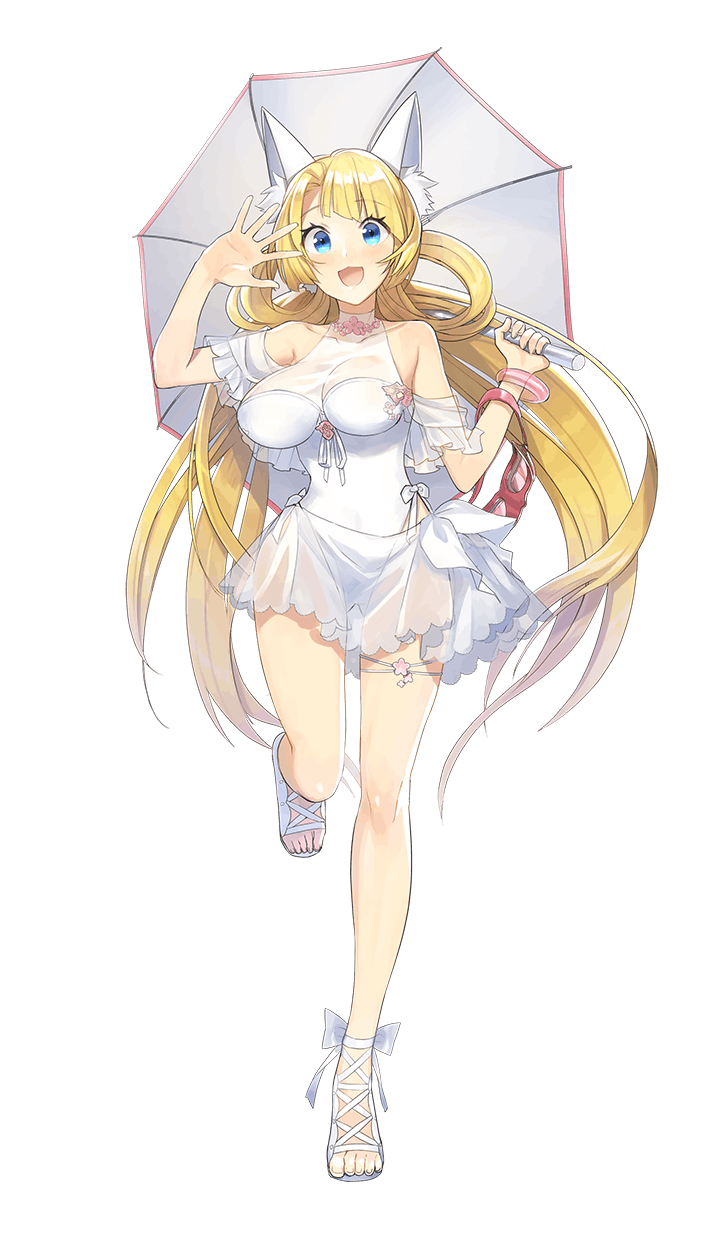 :d alberta_wedemeyer asymmetrical_bangs bangs bare_shoulders blonde_hair blue_eyes breasts cleavage formation_girls full_body goggles_around_arm highres holding holding_umbrella kazune_(baumkuchen) large_breasts long_hair looking_at_viewer open_mouth sandals smile solo swimsuit transparent_background umbrella white_footwear white_swimsuit