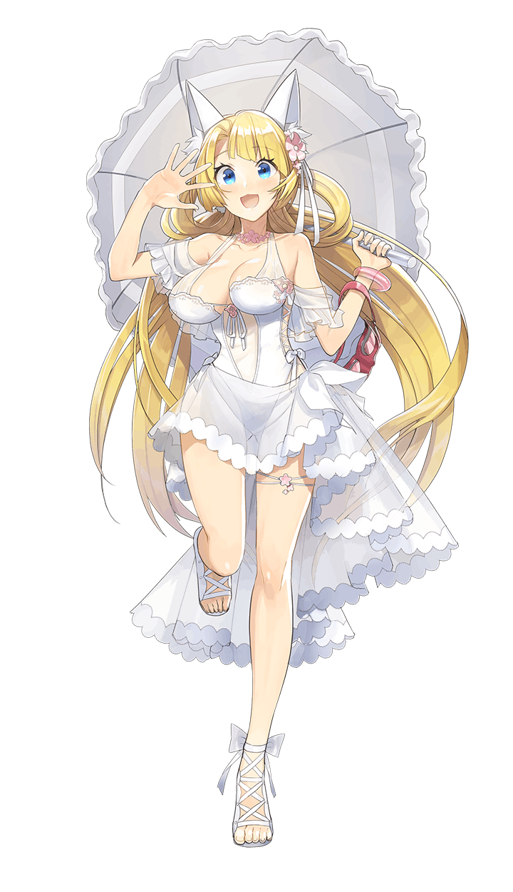 :d alberta_wedemeyer asymmetrical_bangs bangs bare_shoulders blonde_hair blue_eyes breasts cleavage flower formation_girls full_body goggles_around_arm hair_flower hair_ornament hair_ribbon highres holding holding_umbrella kazune_(baumkuchen) large_breasts long_hair looking_at_viewer open_mouth ribbon sandals smile solo swimsuit transparent_background umbrella white_footwear white_swimsuit