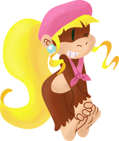barefoot blonde_hair bottomless brown_fur clothed clothing dixie_kong donkey_kong_(series) ear_piercing female fur hair hat long_hair low_res mammal monkey nintendo one_eye_closed piercing ponytail primate saladturtles smile soles solo toes video_games wink