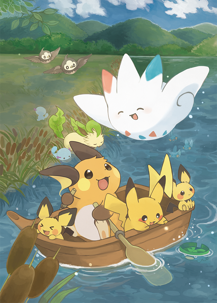 &gt;_&lt; 2018 ambiguous_gender avian boat canoe eeveelution eyes_closed feral group kanannbo leafeon lotad mammal mudkip nintendo open_mouth open_smile outside pichu pikachu plant pok&eacute;mon pok&eacute;mon_(species) raichu river rodent sky smile starly togekiss vehicle video_games water wooper