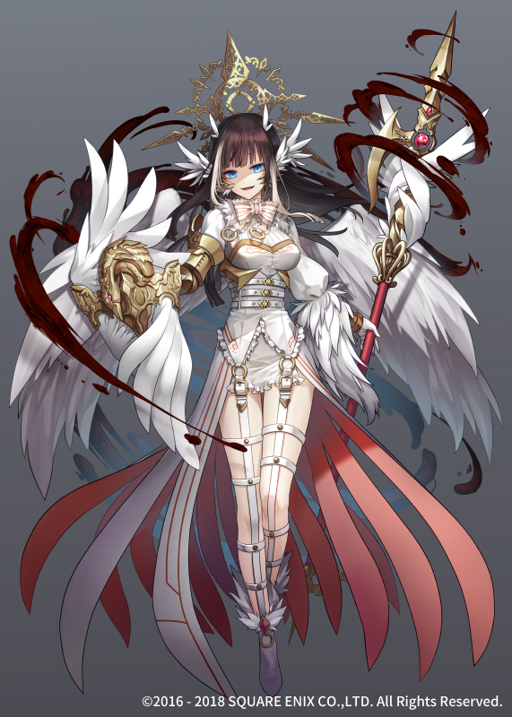 angel_wings armor blue_eyes breasts brown_hair feathered_wings feathers full_body garter_belt gloves grey_background grimms_notes hair_feathers halo holding holding_spear holding_weapon long_hair long_sleeves looking_at_viewer medium_breasts multicolored_hair official_art polearm sakanahen simple_background solo spear streaked_hair watermark weapon white_gloves white_hair white_legwear white_wings wings
