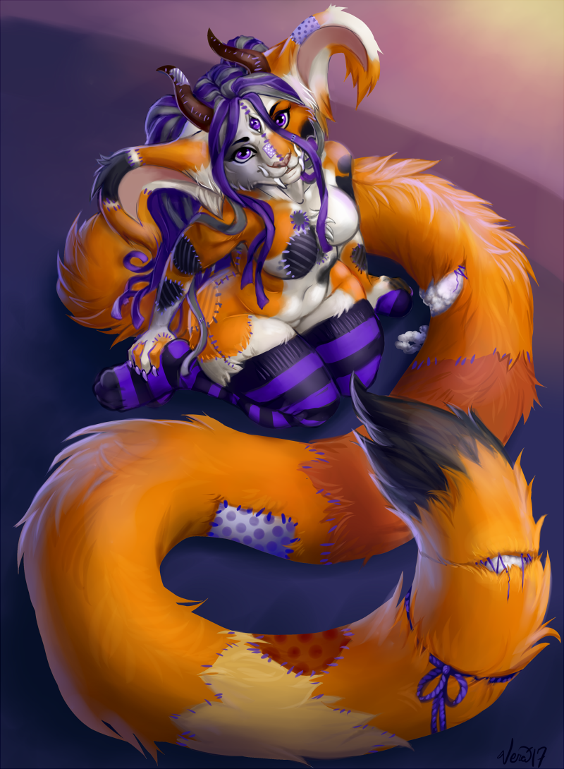 2017 anthro black_fur breasts clothing doll droopy_ears fangs feliana feline female fur grey_hair hair horn kneeling langurhali legwear long_ears long_hair long_tail looking_at_viewer mammal nude orange_fur orange_tail overbite patch_(fabric) plushie purple_eyes purple_hair smile solo stitches thigh_highs third_eye underbite vera_(artist) white_fur