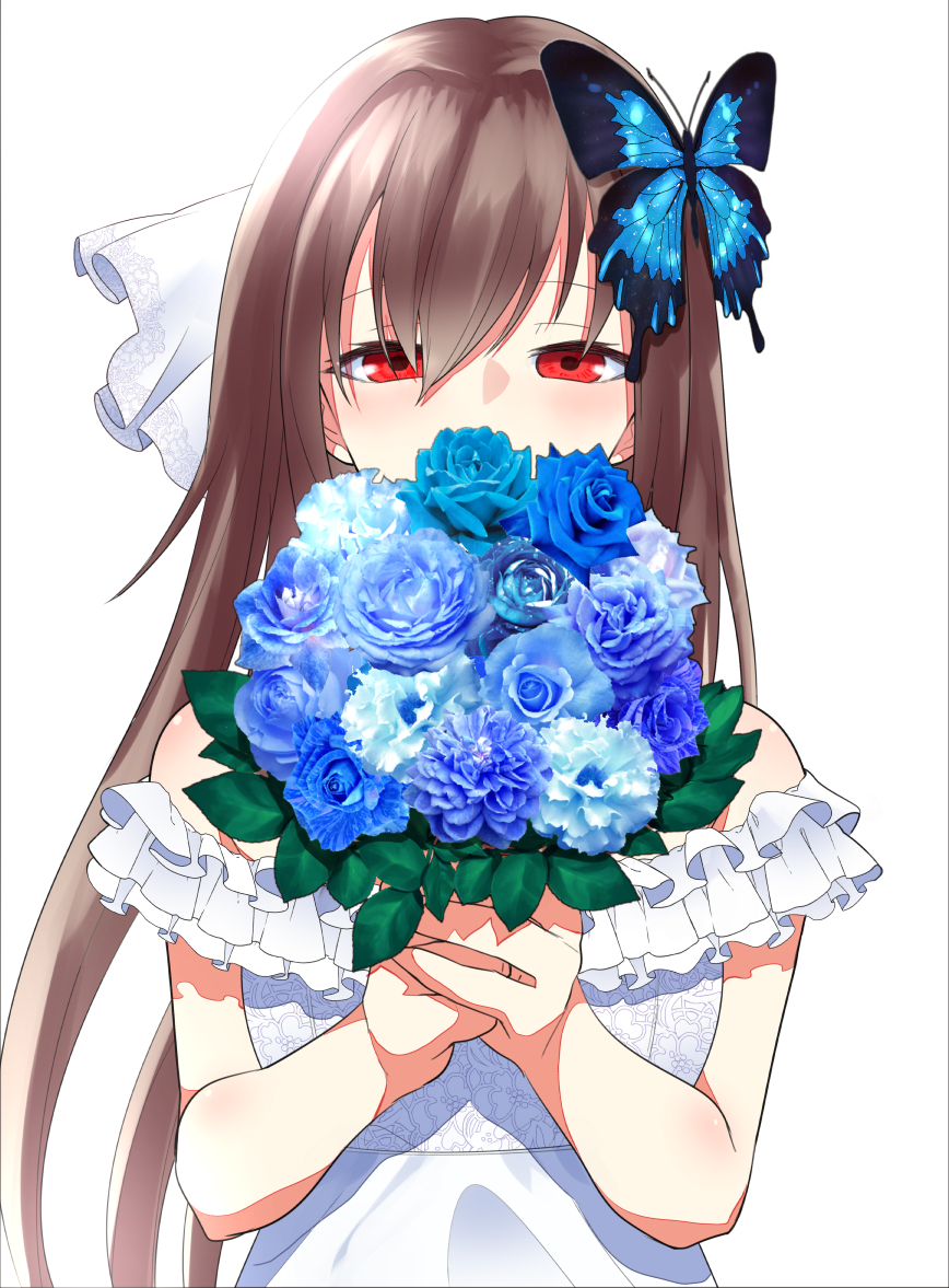 alternate_costume bare_shoulders bouquet brown_hair butterfly_hair_ornament dress flower hagi_(oshiro_project) hair_ornament holding holding_bouquet long_hair looking_at_viewer oshiro_project oshiro_project_re red_eyes rikosyegou rose simple_background solo upper_body wedding wedding_dress white_background white_dress