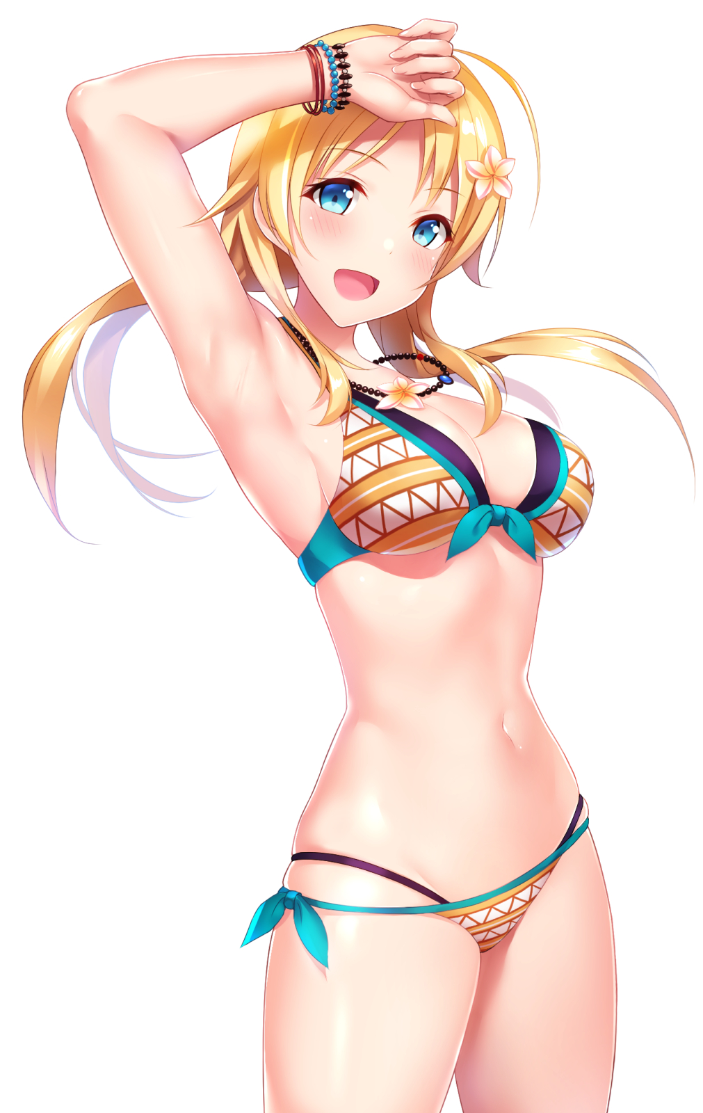 armpits bangs bead_bracelet bead_necklace beads bikini blonde_hair blue_eyes bracelet breasts cleavage cocona commentary_request cowboy_shot flower front-tie_bikini front-tie_top hachimiya_meguru hair_flower hair_ornament highres idolmaster idolmaster_shiny_colors jewelry large_breasts long_hair navel necklace open_mouth parted_bangs side-tie_bikini sidelocks solo standing swimsuit