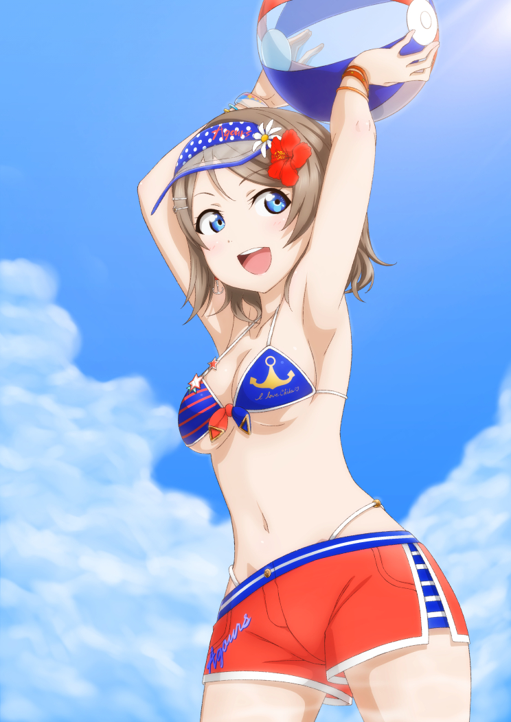 arms_up ball bare_shoulders beachball bikini bikini_under_clothes blue_sky blush bow_bikini breasts cleavage cloud commentary_request day eyebrows_visible_through_hair flower from_below groin hair_flower hair_ornament looking_at_viewer love_live! love_live!_sunshine!! medium_breasts navel open_mouth sazanami_tarou short_hair shorts sky smile solo swimsuit visor_cap watanabe_you