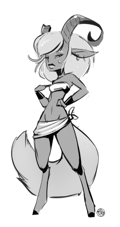 black_and_white feardakez female fluffy fluffy_tail horn kez monochrome satyr sketch solo