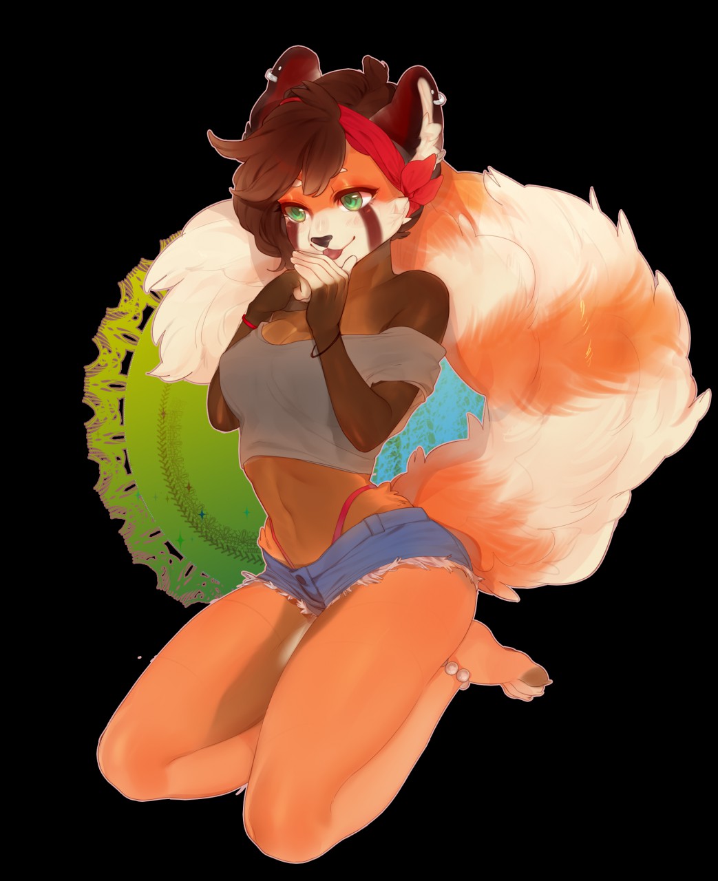 009w anklet anthro bandanna beads black_background bracelet breasts brown_fur brown_hair clothing crop_top ear_piercing fearzy_(character) female fur furgonomics green_eyes hair jewelry mammal navel orange_fur panties piercing red_panda shirt shorts simple_background smile solo tongue tongue_out underwear white_fur