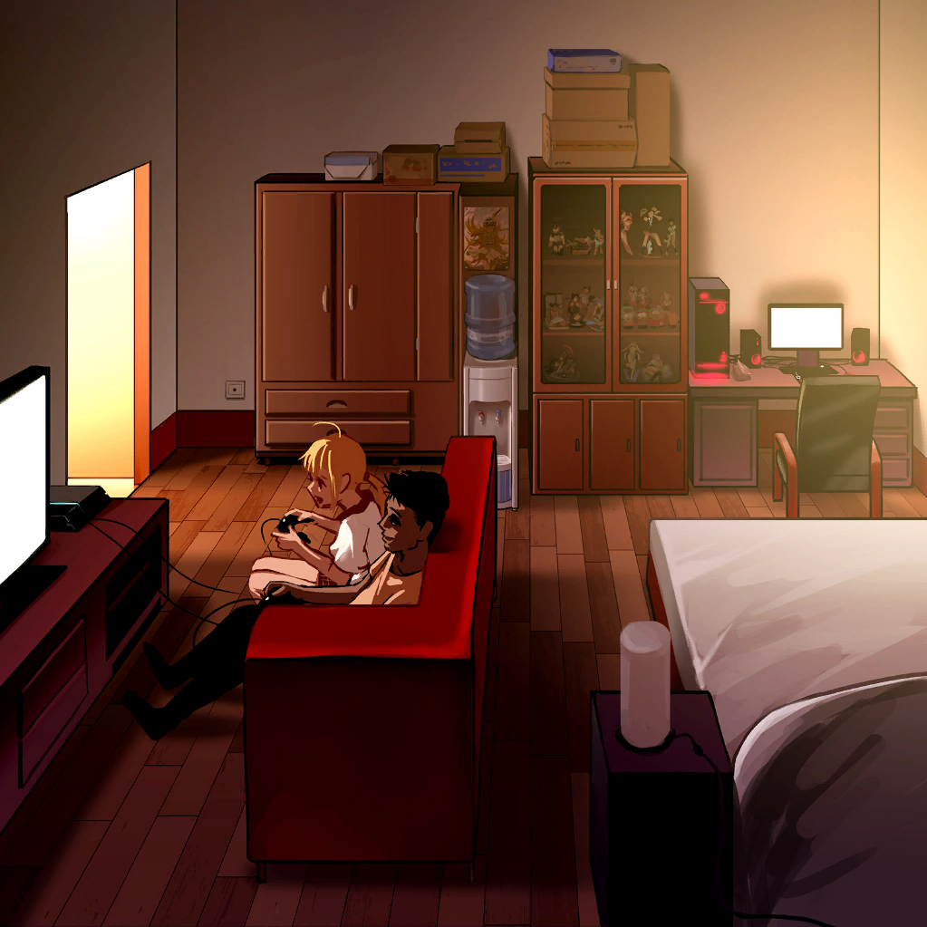 1girl as109 bed bedroom bend blonde_hair broom controller couch elf game_controller gamepad hair_ribbon indoors long_hair original playing pointy_ears ribbon shirt