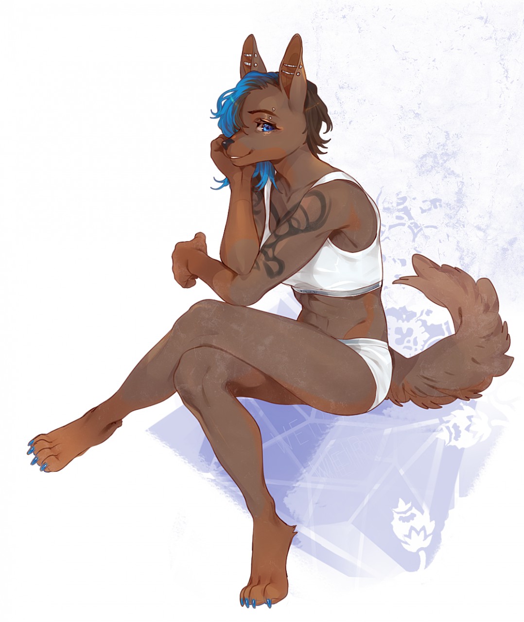 009w 4_toes abs anthro blue_eyes blue_hair boxers_(clothing) breasts brown_fur candice_(purpleparadise) canine clothing crop_top dog ear_piercing facial_piercing female fur furgonomics hair looking_at_viewer mammal muscular muscular_female paws piercing shirt smile solo tattoo toes underwear