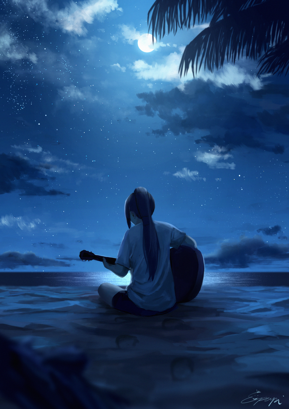 beach blue cloud commentary facing_away footprints from_behind full_moon guitar highres horizon instrument long_hair love_live! love_live!_sunshine!! matsuura_kanan moon moonlight music night night_sky ocean on_ground outdoors palm_tree papi_(papiron100) playing_instrument ponytail sand shirt shorts sidelocks signature sitting sky solo star_(sky) starry_sky t-shirt tree wide_shot