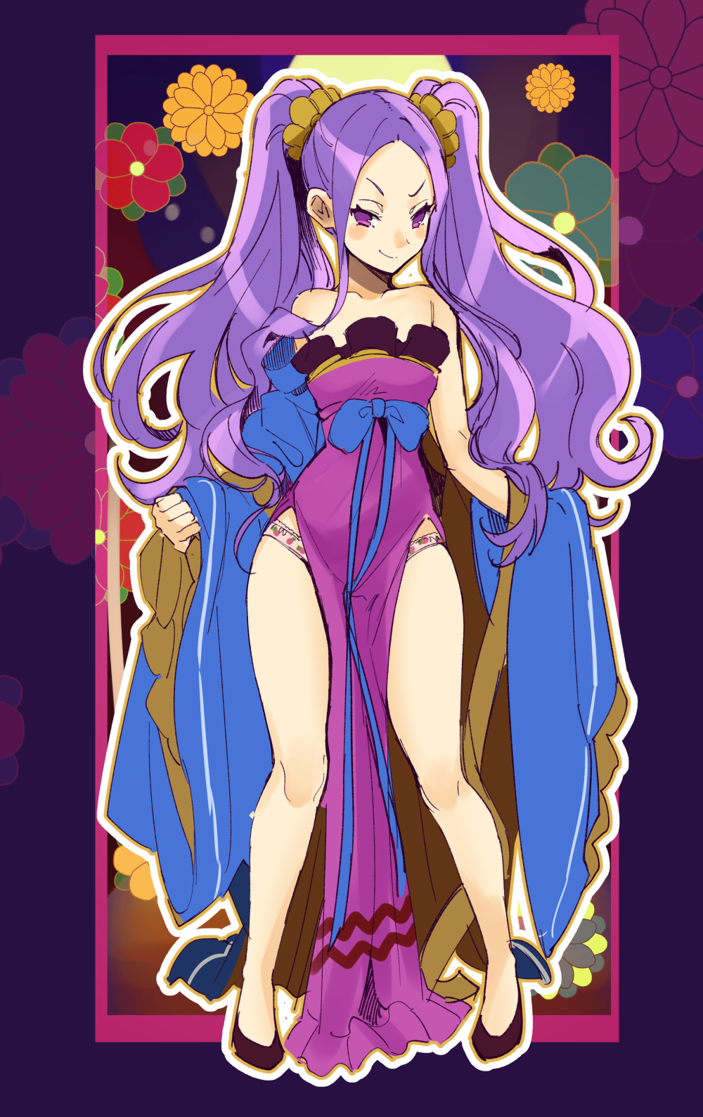 bangs bare_shoulders blue_bow bow closed_mouth collarbone dress fate/grand_order fate_(series) full_body highres legs legs_apart long_hair looking_at_viewer no_pupils outline panties parted_bangs pelvic_curtain print_panties purple_dress purple_eyes purple_footwear purple_hair shimo_(s_kaminaka) shoes smile solo standing strapless strapless_dress thighs twintails underwear v-shaped_eyebrows white_outline wu_zetian_(fate/grand_order)