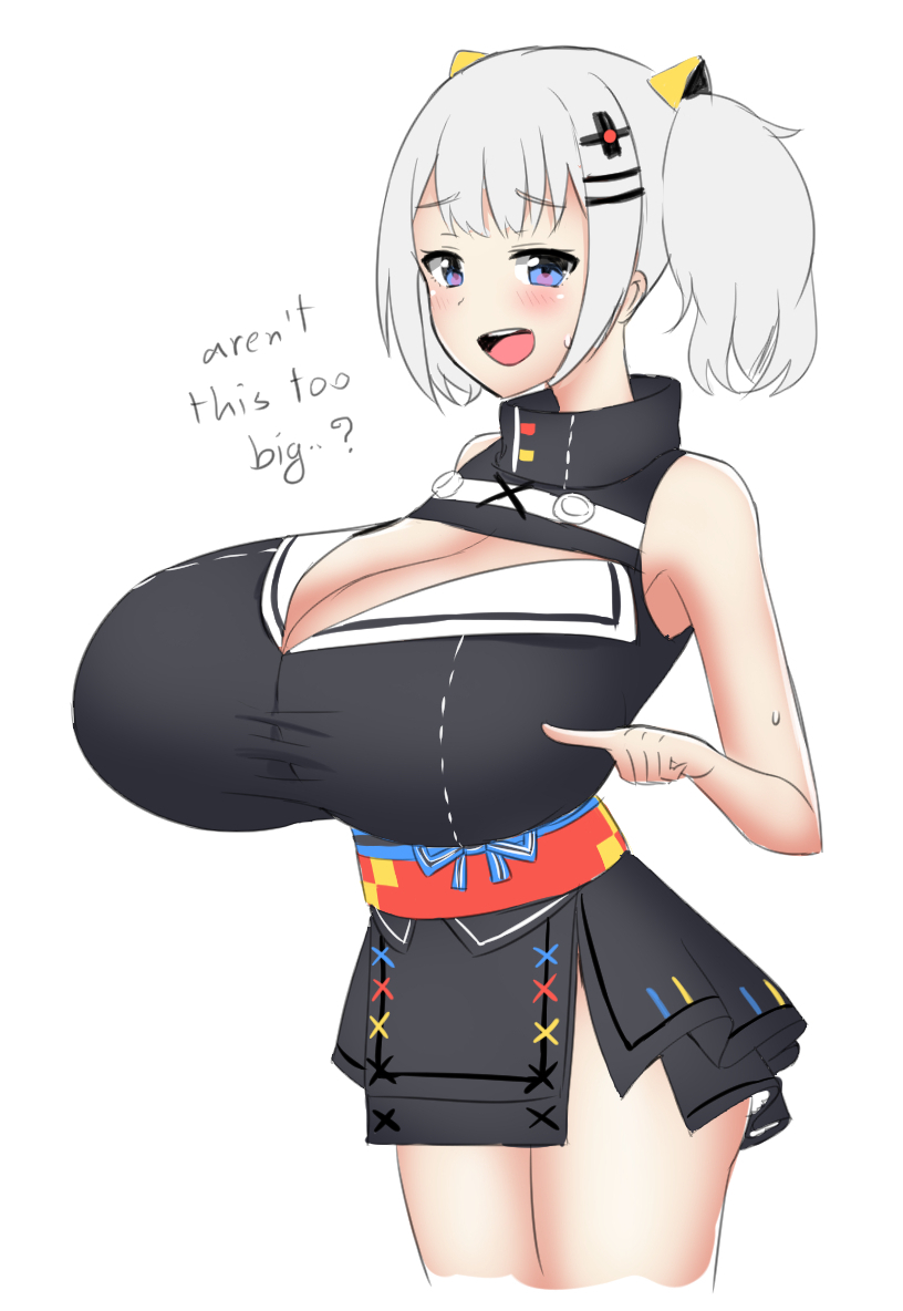 1girl 1nilla' areolae breasts cleavage cleavage_cutout dress english huge_breasts kaguya_luna kaguya_luna_(character) speech_bubble text_focus twintails virtual_youtuber